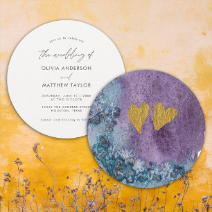 Invitation Mariage Simple Unique Cœurs Dorés Aquarelle Bohème