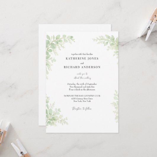 Invitation Mariage Simplement Élégant avec Feuillage Blanc (Devant/Arrière en situation)
