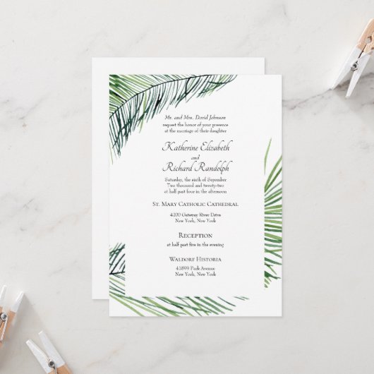 Invitation Mariage Simplement Élégant de Palmiers Tropicaux (Devant/Arrière en situation)