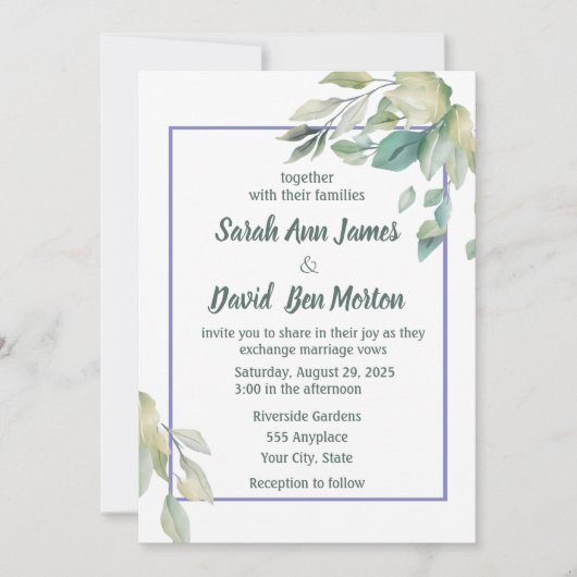 Invitation Mariage Simplicité de Feuilles Vert Sauge (Devant)