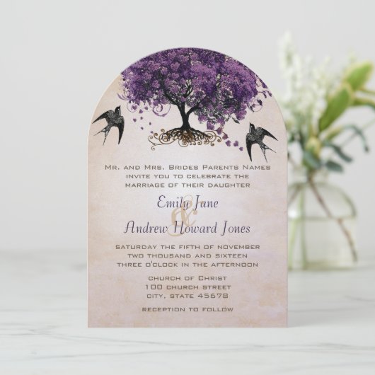 Invitation Mariage Simply Peachy Purple Heart Leaf Tree (Debout devant)