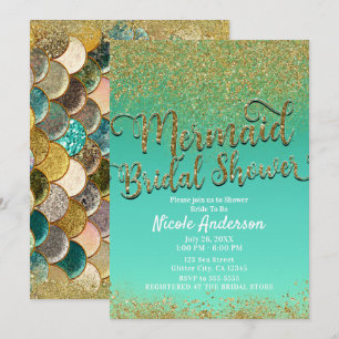 Invitation Mariage Sirène Glamour Doré Paillettes & Sarcelle