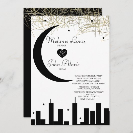Invitation Mariage Skyline de nuit noir blanc (Devant / Derrière)