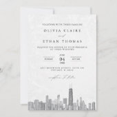 Invitation Mariage Skyline moderne de Chicago noir et blanc (Devant)