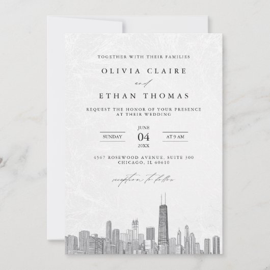 Invitation Mariage Skyline moderne de Chicago noir et blanc (Devant)