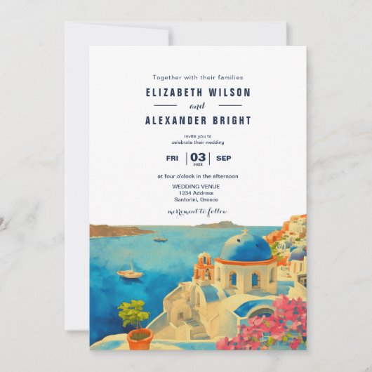 Invitation Mariage Skyline Santorini Grèce Watercolor (Devant)