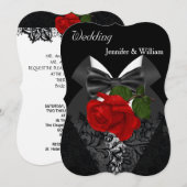Invitation Mariage Smoking Noir Blanc Rose Rouge Profond 2b (Devant / Derrière)