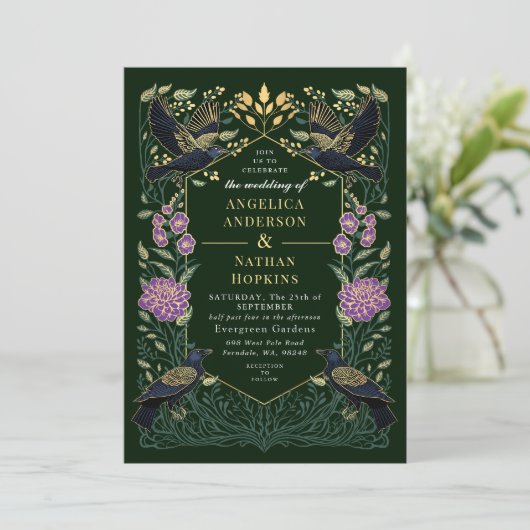 Invitation Mariage Snapdragon de corbeau gothique enchanté (Debout devant)