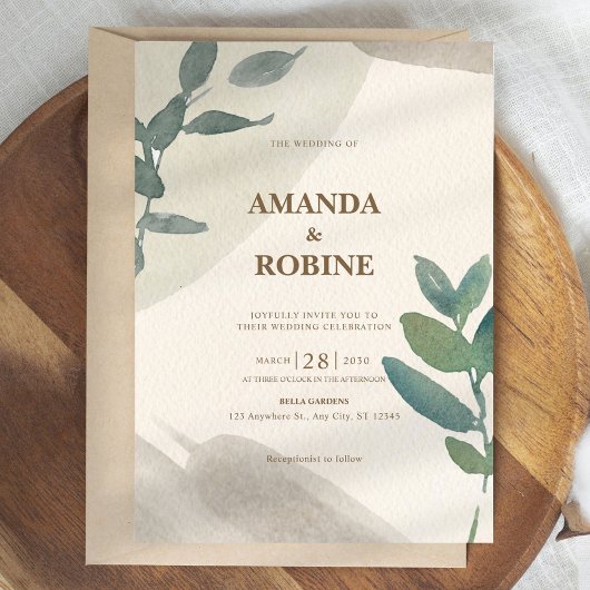 Invitation Mariage sobre et élégant de la feuille d'aquarelle
