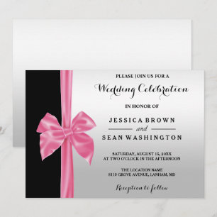 Invitation Mariage Soie Romantique Ruban Argent & Noir