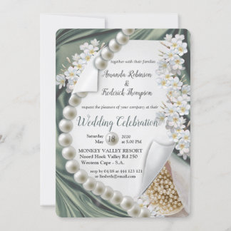 Invitation Mariage soie verte et perles d'ivoire