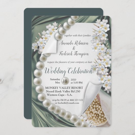 Invitation Mariage soie verte et perles d'ivoire (Devant / Derrière)