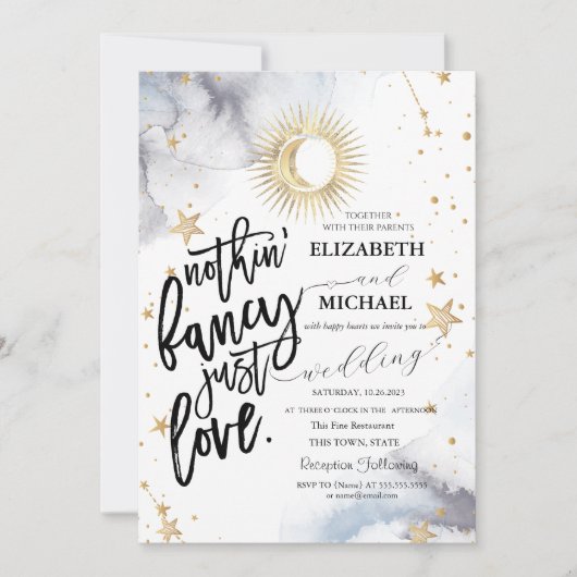 Invitation Mariage Soleil Céleste, Lune, Étoiles (Devant)