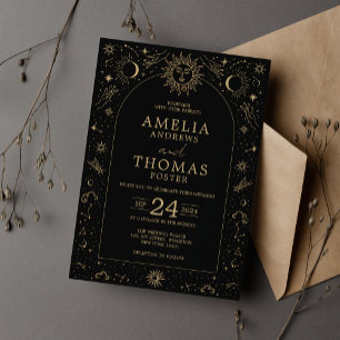 Invitation Mariage Soleil et Lune Noir et Or Céleste
