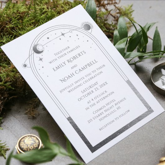 Invitation Mariage Soleil Lune Céleste Argent Blanc