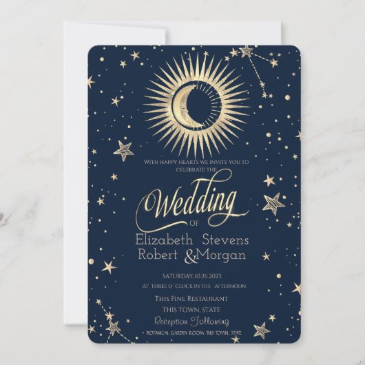 Invitation Mariage Soleil Lune Étoiles Or Céleste (Devant)