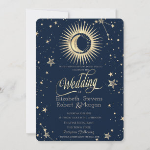 Invitation Mariage Soleil Lune Étoiles Or Céleste