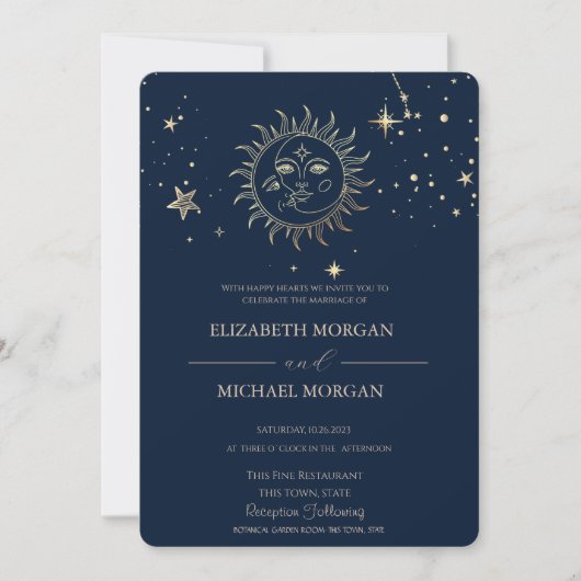 Invitation Mariage Soleil Lune Or Céleste (Devant)