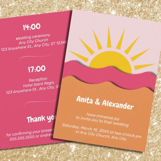 Invitation Mariage soleil rose orange d'été