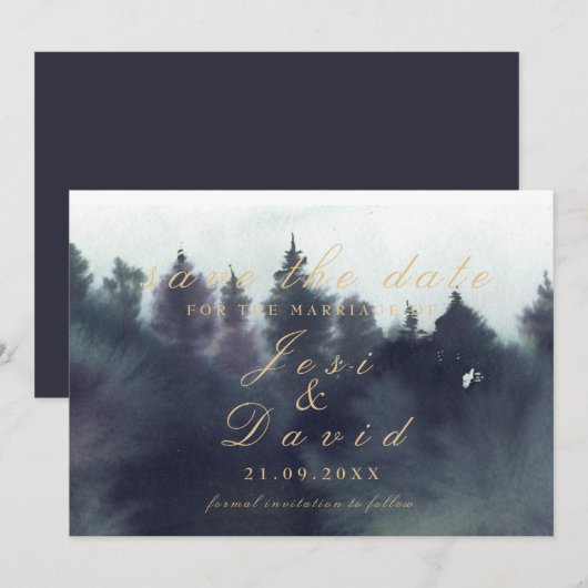 Invitation Mariage sombre et éthéré en forêt, Économisez la d (Devant / Derrière)
