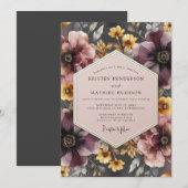 Invitation Mariage sombre mauve et souci (Devant / Derrière)