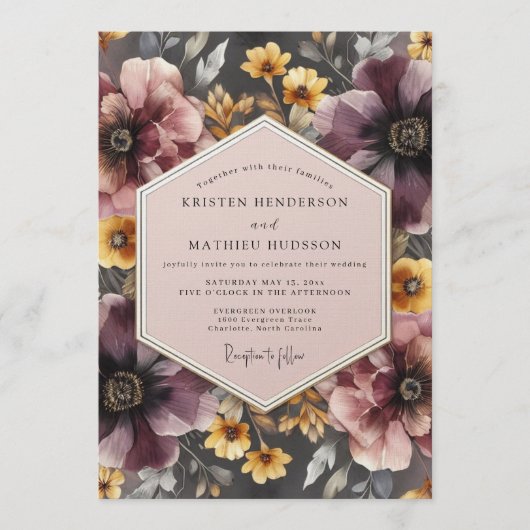 Invitation Mariage sombre mauve et souci (Devant)