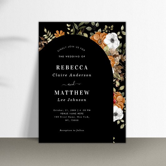 Invitation Mariage sombre romantique floral bohème arche noir