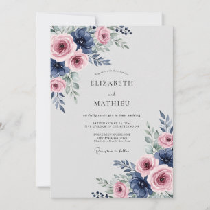 Invitation Mariage somptueux de printemps rose et bleu marine