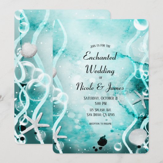 Invitation Mariage sous la mer à l'encre de teinte sarcelle a (Devant / Derrière)