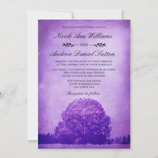 Invitation Mariage sous un chêne violet rustique (Devant)