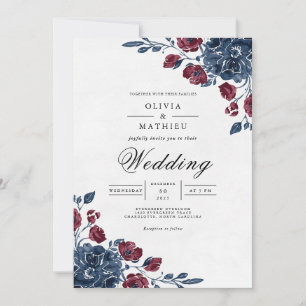 Invitation Mariage sous une arche florale marine carmin