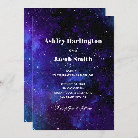 Invitation Mariage spatial. Les étoiles de nuit. Galaxie mari (Devant / Derrière)
