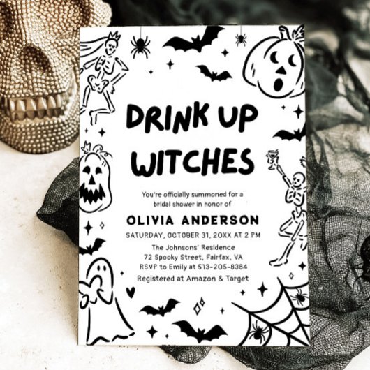 Invitation Mariage squelette fantôme d'Halloween dessiné à la