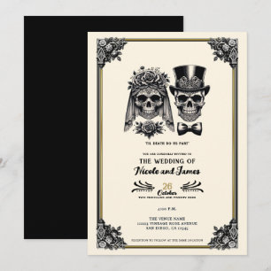 Invitation Mariage squelette vintage noir et or crème 