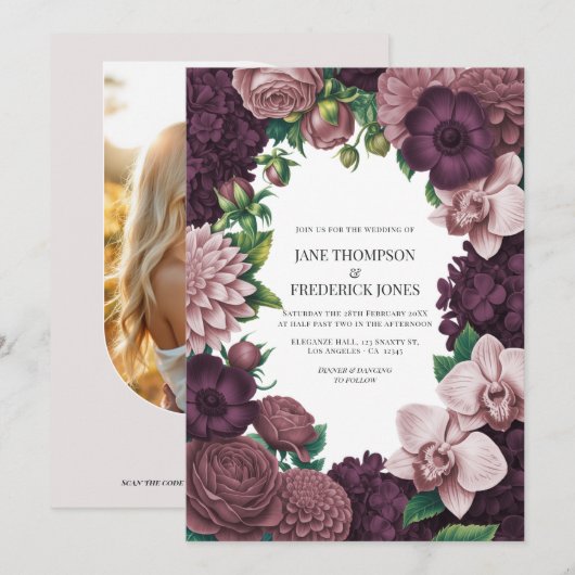 Invitation Mariage Storm Plum, Graphite Rose & Antique Blush (Devant / Derrière)