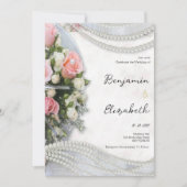 Invitation Mariage style vintage rose blanche perle (Devant)