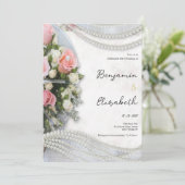 Invitation Mariage style vintage rose blanche perle (Debout devant)