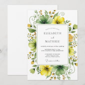 Invitation Mariage Sublime Fleur Sauvage Vert de Mousse Jaune (Devant / Derrière)