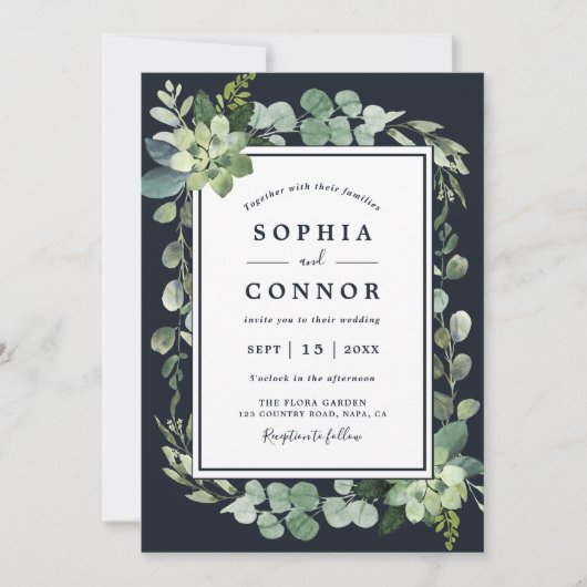 Invitation Mariage Succulent bleu marine de minuit (Devant)