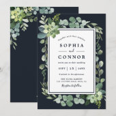 Invitation Mariage Succulent bleu marine de minuit (Devant / Derrière)