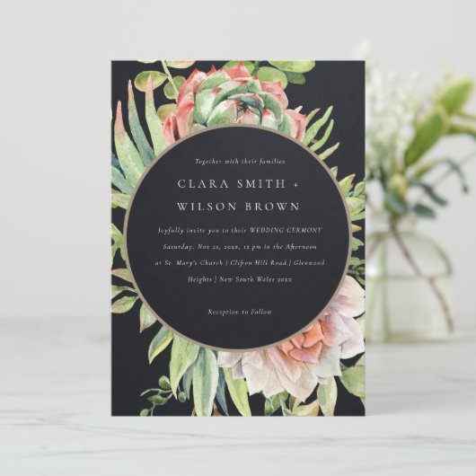 INVITATION MARIAGE SUCCULENT CACTI FOLIAGE DE DÉSERT NOIR PEA (Debout devant)