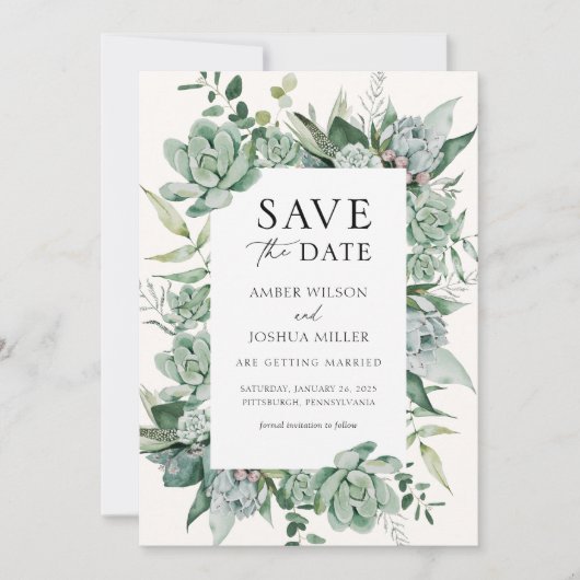 Invitation Mariage Succulent et Eucalyptus Enregistrer la dat (Devant)
