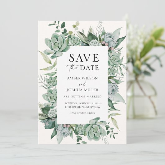 Invitation Mariage Succulent et Eucalyptus Enregistrer la dat (Debout devant)