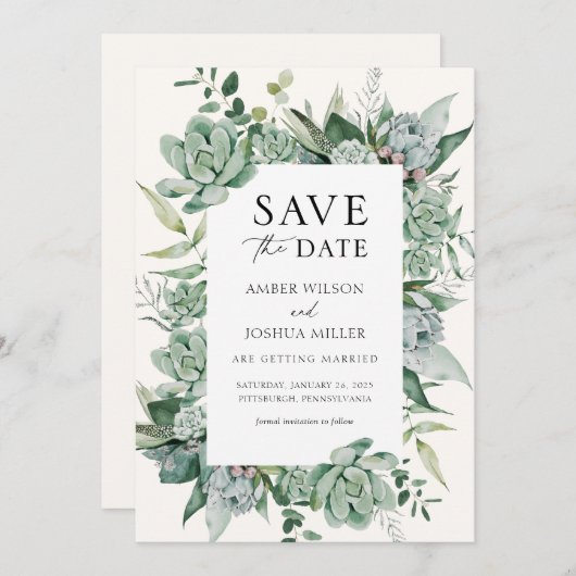 Invitation Mariage Succulent et Eucalyptus Enregistrer la dat (Devant / Derrière)