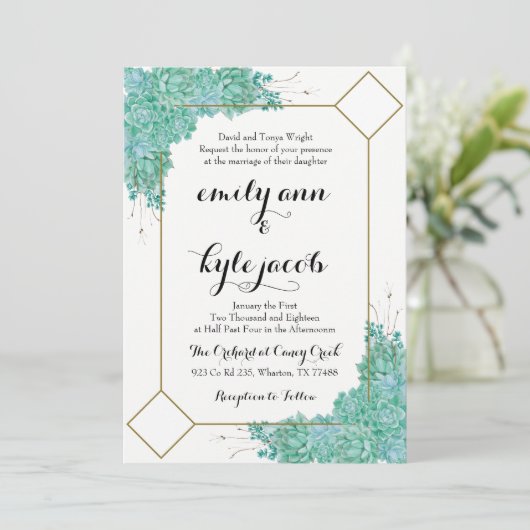Invitation Mariage Succulent et Or (Debout devant)
