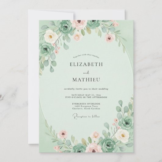 Invitation Mariage Succulent Eucalyptus Menthe Rosé (Devant)