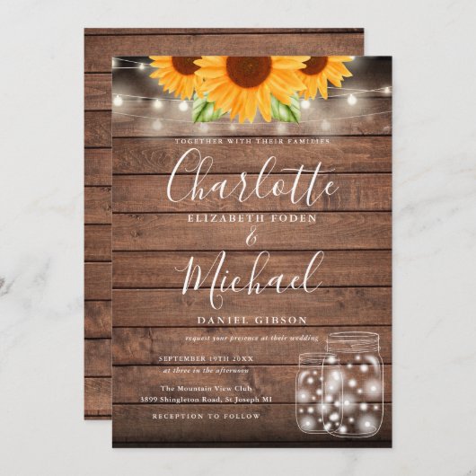 Invitation Mariage Sunflower String Lights Mason Jars (Devant / Derrière)
