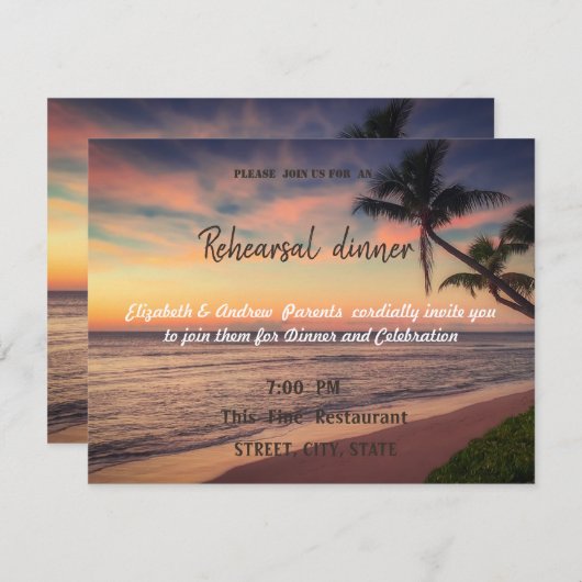 Invitation Mariage Sunset Beach, Dîner de répétition Palms (Devant / Derrière)