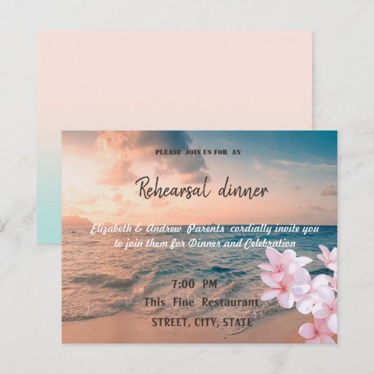 Invitation Mariage Sunset Beach, Dîner de répétition Plumeria (Devant / Derrière)