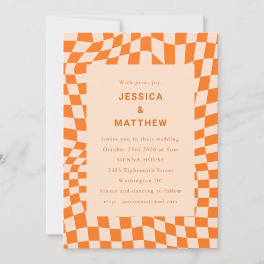 Invitation Mariage super Retro Orange Abstrait Checkerboard (Devant)